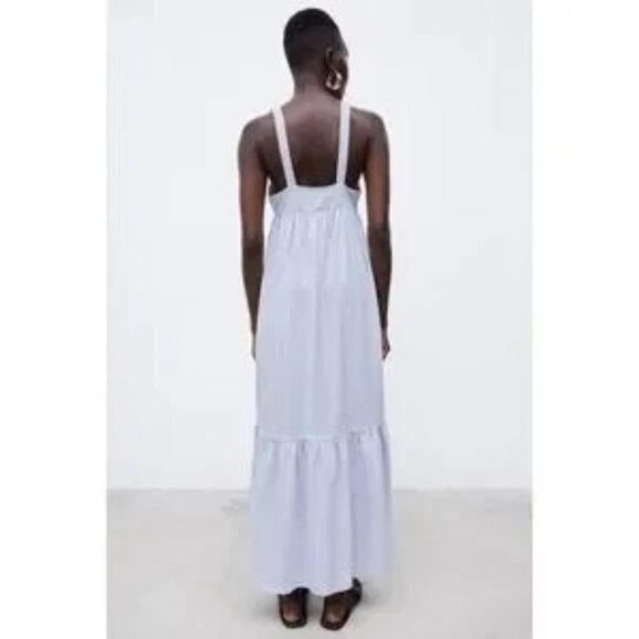 Zara Women's Strappy 100% Cotton Maxi Dress Gathered Front Light Blue Size S - Picture 5 of 16